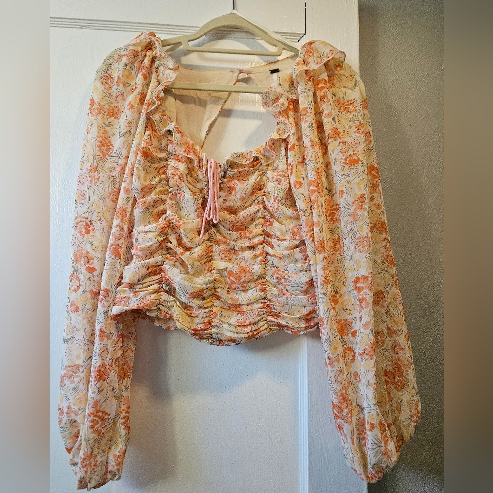 Free People, small, floral Floral Ruffle Blouse - Orange and Cream